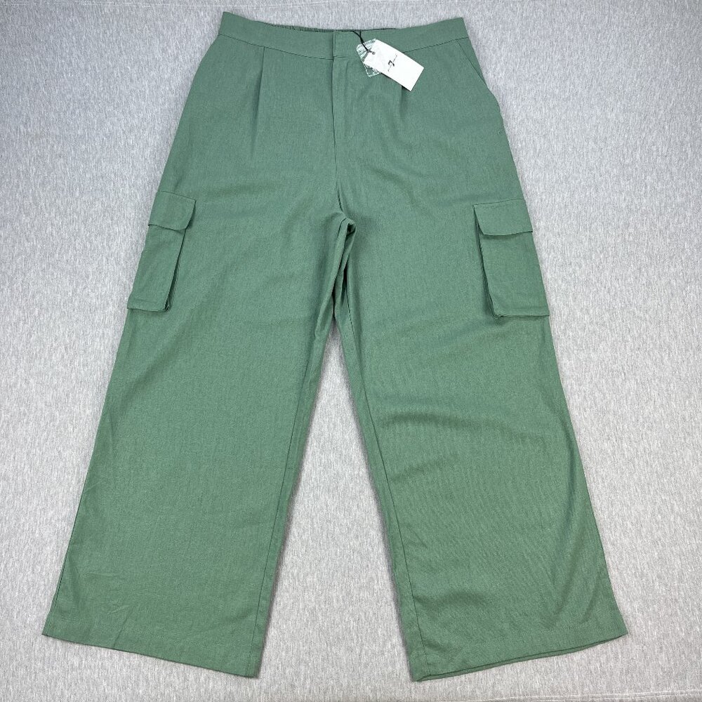 7 For All Mankind Pants Womens XL Sage Green Wide-Leg Linen Blend Cargo NEW